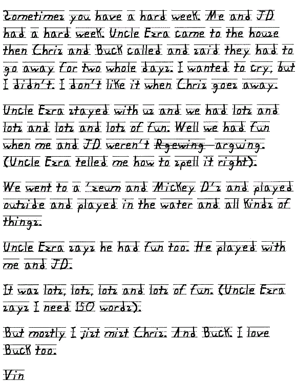 Sometimes you have a hard week. Me and JD had a hard week. Uncle Ezra came to the house then Chris and Buck called and said they had to go away for two whole days. I wanted to cry, but I didn't. I don't like it when Chris goes away.
Uncle Ezra stayed with us and we had lots and lots and lots and lots of fun. Well we had fun when me and JD weren't Rgewing  arguing. (Uncle Ezra telled me how to spell it right). 
We went to a 'zeum and Mickey D's and played outside and played in the water and all kinds of things. 
Uncle Ezra says he had fun too. He played with me and JD.
It was lots, lots, lots and lots of fun. (Uncle Ezra says I need 150 words).
But mostly I jist mist Chris. And Buck. I love Buck too. 
Vin