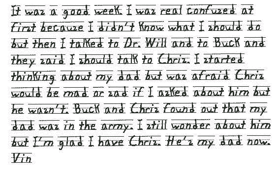 It was a good week. I was real confused at first because I didn't know what
  I should do but then I talked to Dr. Will and to Buck and they said I should
  talk to Chris. I started thinking about my dad but was afraid Chris would
  be mad or sad if I asked about him but he wasn't. Buck and Chris found out
  that my dad was in the army. I still wonder about him but I'm glad I have
  Chris. He's my dad now.
Vin.