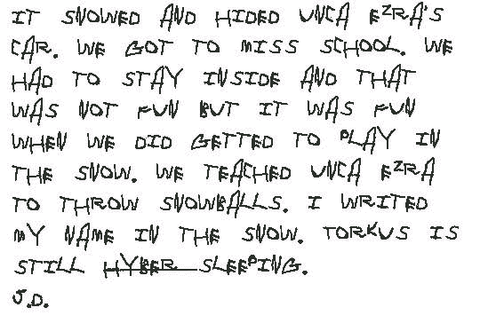 It snowed and hided Unca Ezra's car. We got to miss school. We had to stay inside and that was not fun but it was fun when we did getted to play in the snow. We teached Unca Ezra to throw snowballs. I writed my name in the snow. Torkus is still hyber sleeping. J.D.