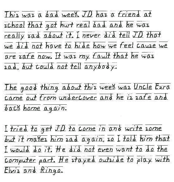 This was a bad week. JD has a friend at school that got hurt real bad and he was really sad about it. I never did tell JD that we did not have to hide how we feel cause we are safe now. It was my fault that he was sad, but could not tell anybody. 

The good thing about this week was Uncle Ezra came out from undercover and he is safe and back home again.

I tried to get JD to come in and write some but it makes him sad again, so I told him that I would do it. He did not even want to do the computer part. He stayed outside to play with Elvis and Ringo.