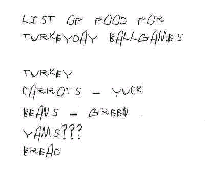 LIST OF FOOD FOR TURKEYDAY BALLGAMES
TURKEY
CARROTS - YUCK
BEANS - GREEN
YAMS???
BREAD