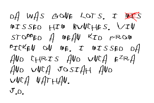 
  Da was gone lots.  I missed him bunches.  Vin stopped a mean kid from picking on me.  I missed Da and Chris and Unca Ezra and Unca Josiah and Unca Nathan.