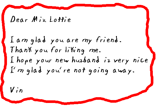 Dear Miz Lottie,

I am glad you are my friend. Thank you for liking me. I hope your new husband will be very nice. I'm glad you are not going away.

Vin.