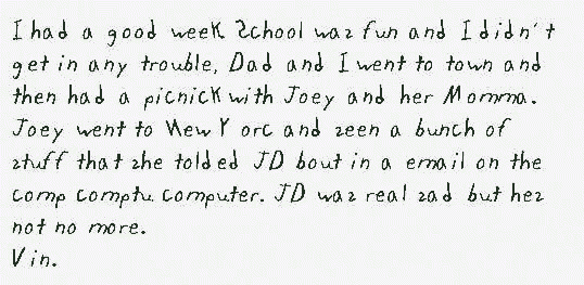 I had a good week. School was fun and I didn't get in any trouble. Dad and I went to town and then had a picnic with Joey and her momma. Joey went to New York and seen a bunch of stuff that she tolded JD about in a email on the computer. JD was real sad but he's not no more. Vin