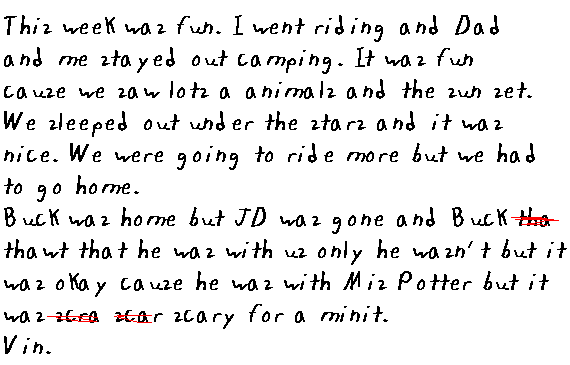 This week was fun. I went riding and Dad and me stayed out camping. It was fun cause we saw lots a aminals and the sun set. We sleeped out under the stars and it was nice. We were going to ride more but we had to go home.
Buck was home but JD was gone and Buck tha thawt that he was with us only he wasn't but it was ok cause he was with Miz Potter but it was scra scar scary for a minit.
Vin