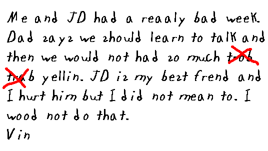 me and JD had a reaaly bad week Dad says we should learn to talk and then we would not had so mush trob trab yellin. JD is my best friend and I hurt him but I did not mean to. I would not do that. Vin