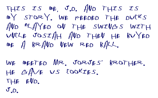 This is me, J.D. and this is my story. We feeded the ducks and played on 	the swings and Uncle Josiah bought me a brand new red ball. We meeted Mr. 	George's brother. He gave us cookies.
	J.D.