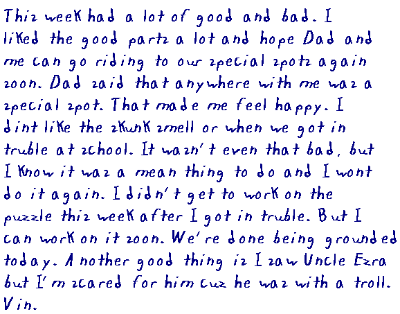 This week had a lot of good and bad. I liked the good parts a lot and hope 	Dad and me can go riding to our special spots again soon. Dad said that anywhere 	with me was a special spot. That made me feel happy. I didn't like the skunk 	smell or when we got in trouble at school. It wasn't even that bad, but I 	know it was a mean thing to do and I won't do it again. I didn't get to work 	on the puzzle this week after I got in trouble. But I can work on it soon. 	We're done being grounded today. Another good thing is that I saw Unca Ezra, 	but I'm worried about him cuz he was with a troll.
Vin.